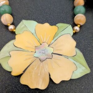 Signed Vintage Lee Sands Flower Necklace Green, Peach & Yellow